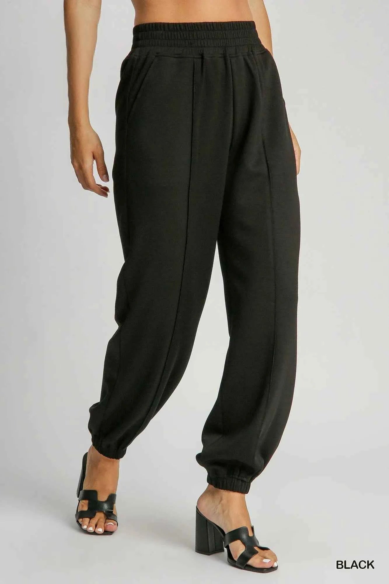 Umgee Drawstring Jogger Pants with Front Seam Detail Black 6c19cd3f-b095-4d5a-9dbd-473a60962a0b-Max-Origin
