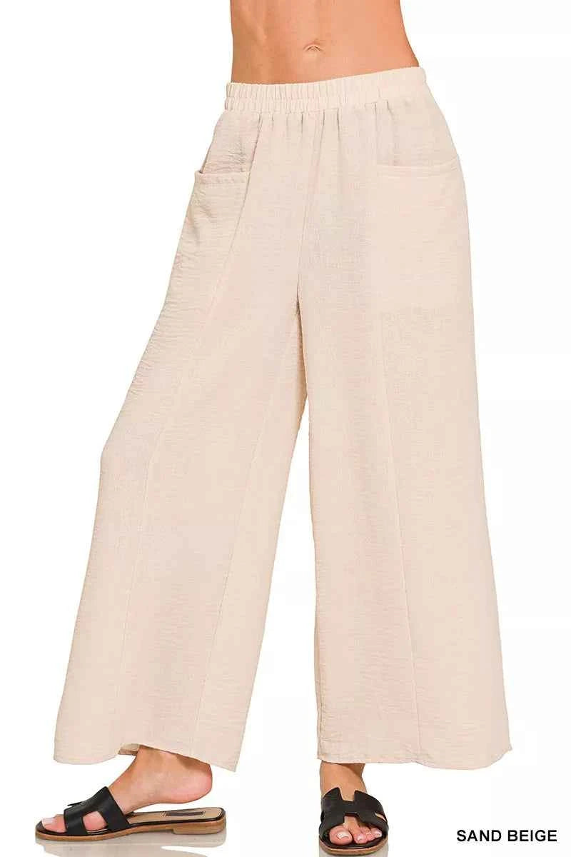 Zenana Woven Airflow Elastic Waistband Pants SAND BEIGE 6c1e416025484e7898e21b6280cccf7f-Max-Origin