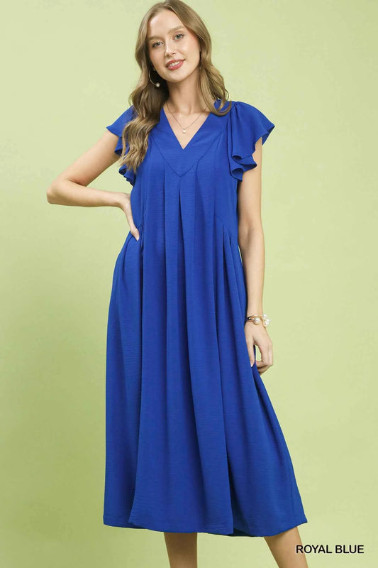 Umgee Ruffle Sleeve V-Neck Midi Dress ROYAL BLUE 6c1fc561-2610-4503-8a6a-f90a10977644-Max