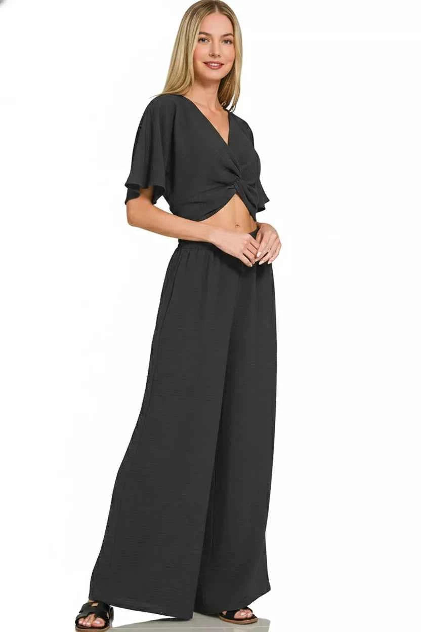 Zenana Woven Airflow Twisted Top & Wide Leg Pants Set 6c23029a-d576-4866-9693-b7b51f660652-Max-Origin
