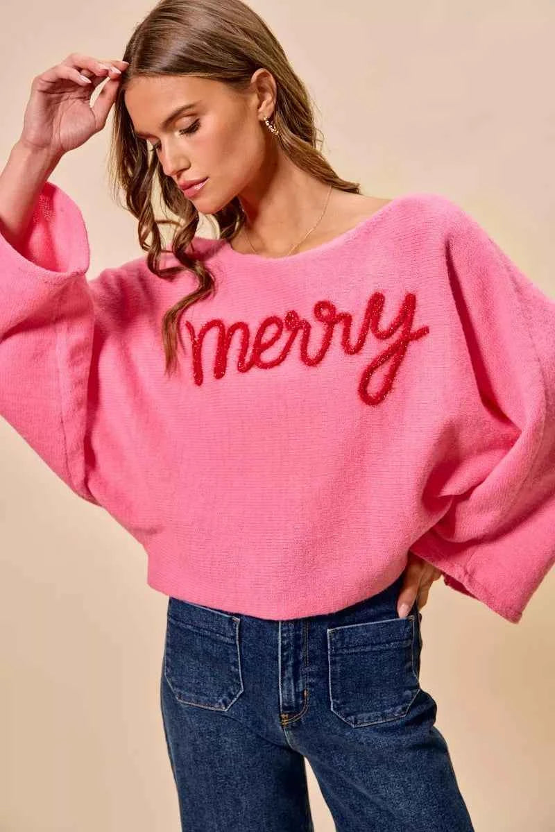 SO ME Merry Tinsel Lettering Christmas Sweater Top 6c23d61b58f34e1eb39c7a145706144b-Max-Origin