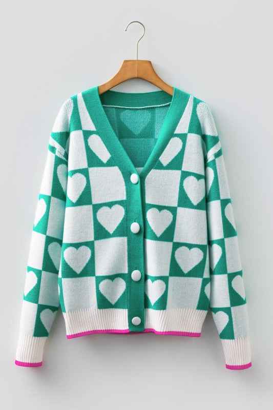Valentine Heart Checker Buttoned V-Neck Cardigan Sea Green 6c280599-b035-4733-a2a6-063983fc283d