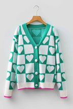 Valentine Heart Checker Buttoned V-Neck Cardigan Sea Green 6c280599-b035-4733-a2a6-063983fc283d