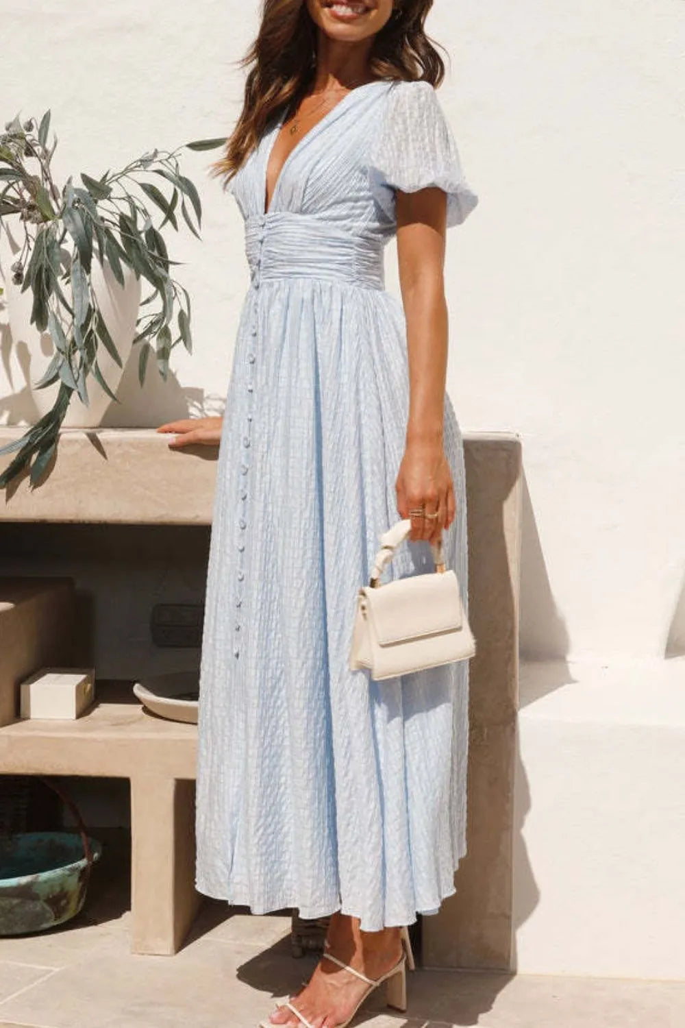 V-Neck Puff Short Sleeve Midi Dress 6c291b2b-9141-44b2-9e77-e7eec6bcfb26-Max-Origin