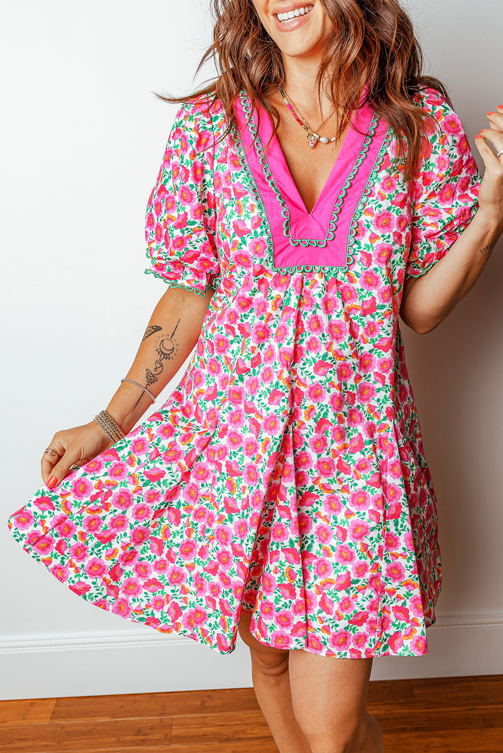 Pink Floral Print V Neck Patchwork Short Bubble Sleeve Mini Dress Pink 55%Cotton+45%Viscose 6c2a18515a8d0276
