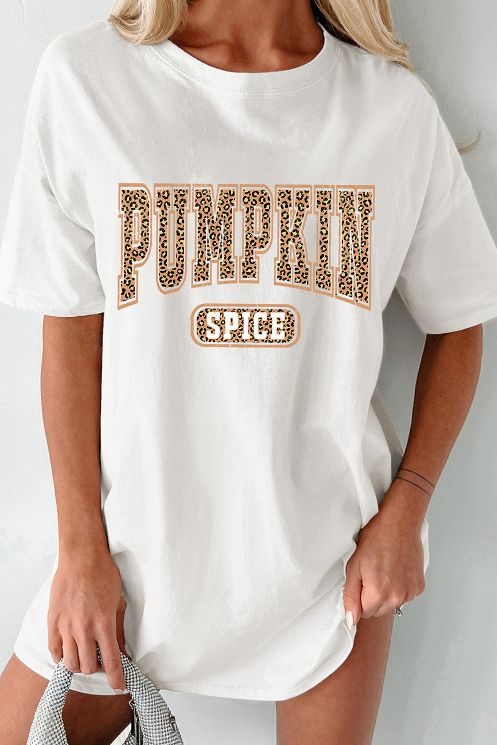 White PUMPKIN SPICE Leopard Heat Transfer Printing Graphic Tunic T Shirt 6c2e1a0d536477ba