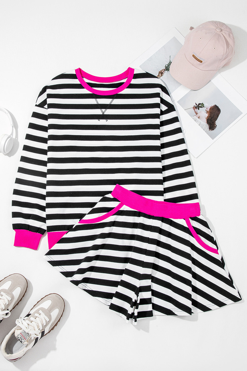 Black Stripe Contrast Trim Long Sleeve Top and Shorts Set 6c30c7211bcf907d