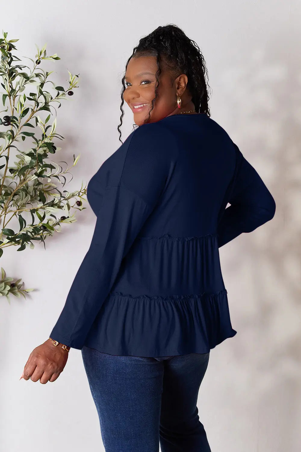 Double Take Half Button Long Sleeve Ruffle Hem Blouse 6c3142ae63ce4268b72845cf001cf4ad-Max