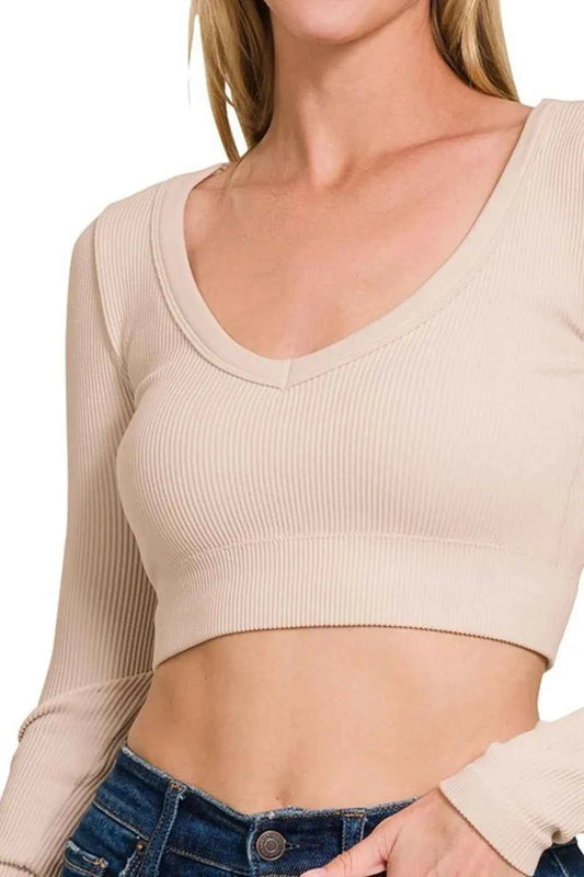 Seamless Fitted Rib V-neck Long Sleeve Crop Top 6c33682b-988a-4cfe-b558-28d32e4649b1-Max-Origin
