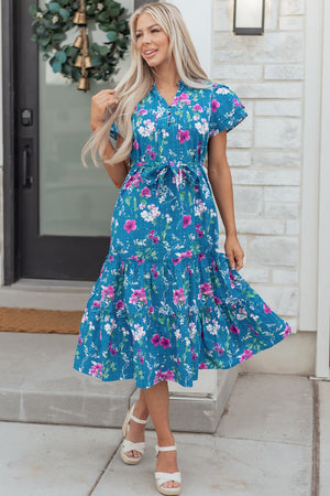 Blue Floral Flutter Sleeve Button Tie Split Neck Belted Long Dress Blue 100%Cotton 6c339062793aad2d