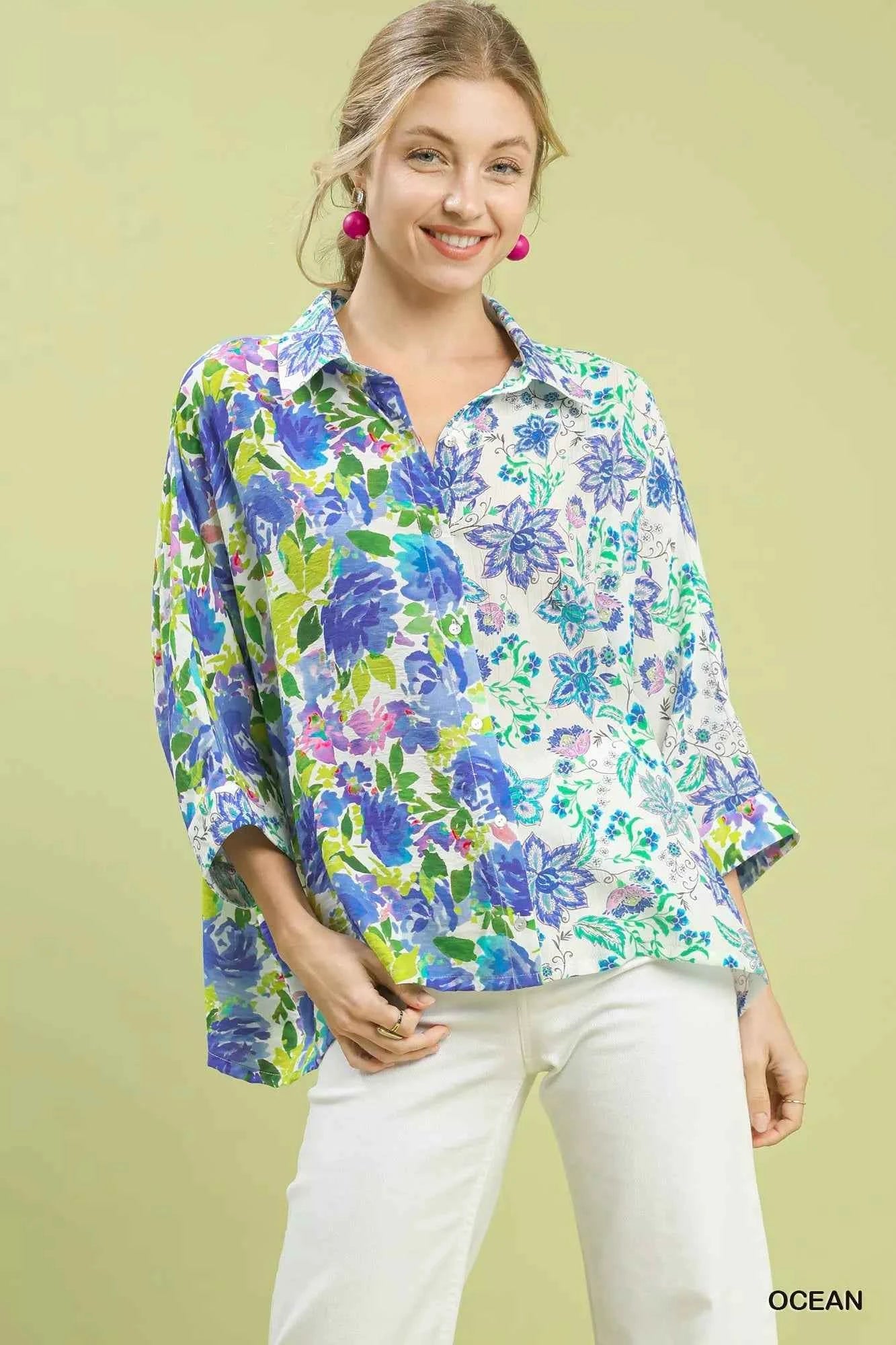 Umgee Mixed Floral Oversized Button Down Shirt OCEAN MIX 6c341ebb-ed37-4424-9969-e597953b8d7a-Max-Origin