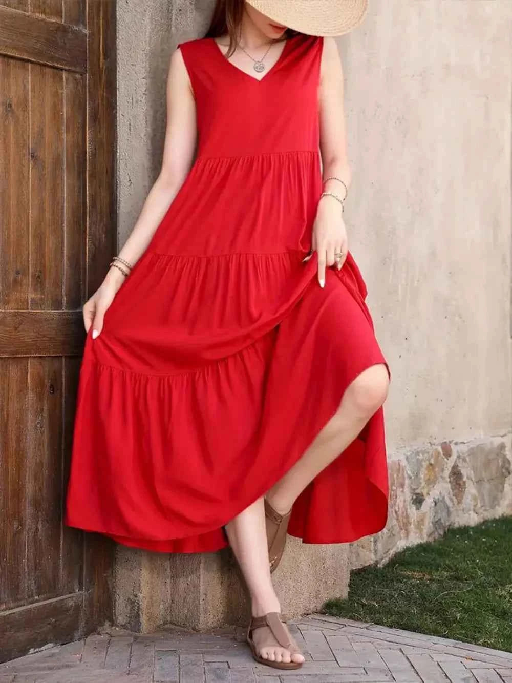 Tiered V-Neck Sleeveless Dress 6c3556d715194f5491667d2a9ba6596c-Max