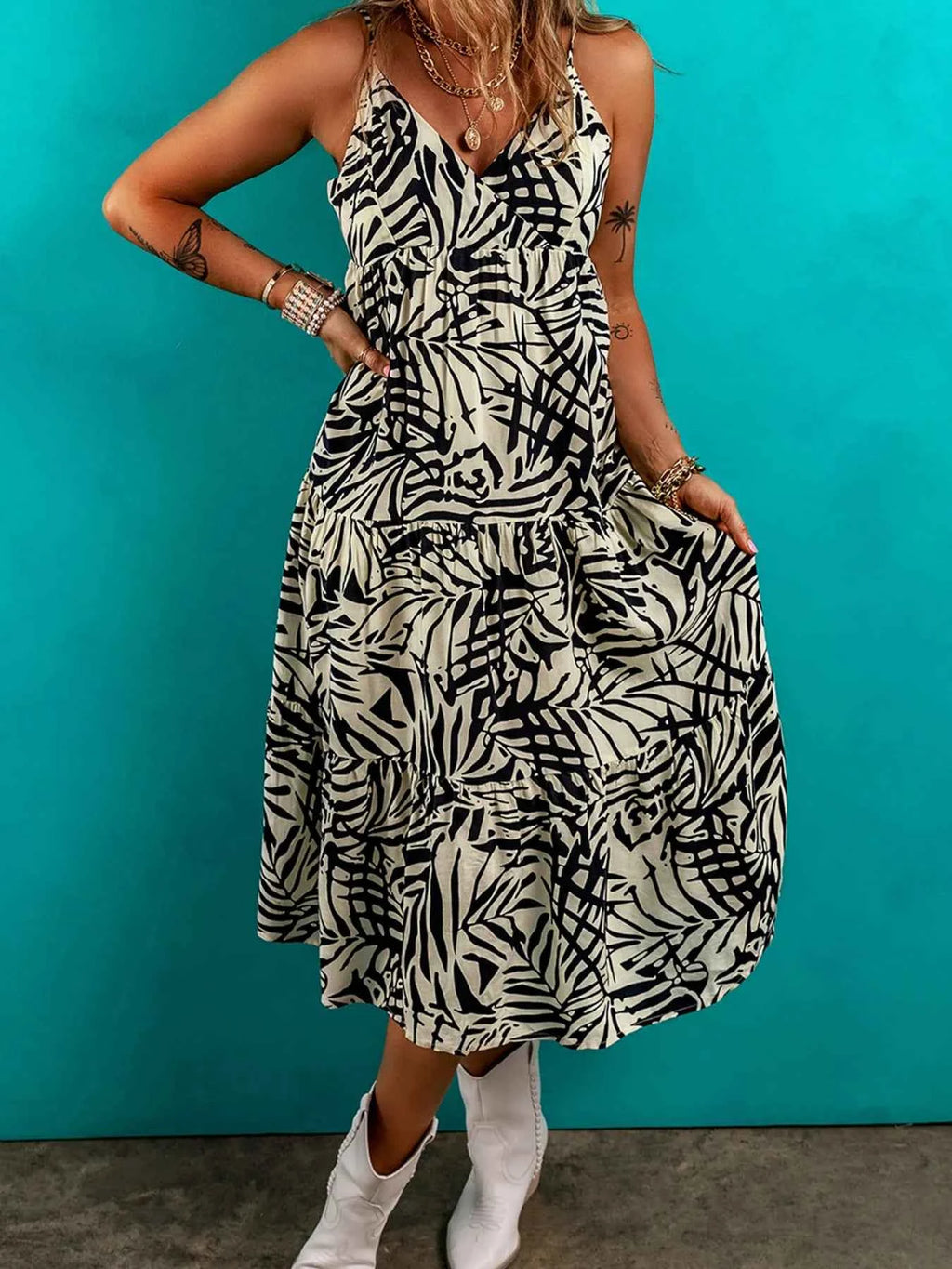 Palm Print Wrapped Spaghetti Straps Tiered Dress Beige 6c3d43706c8f450f9e68e70951f5ece1-Max-Origin