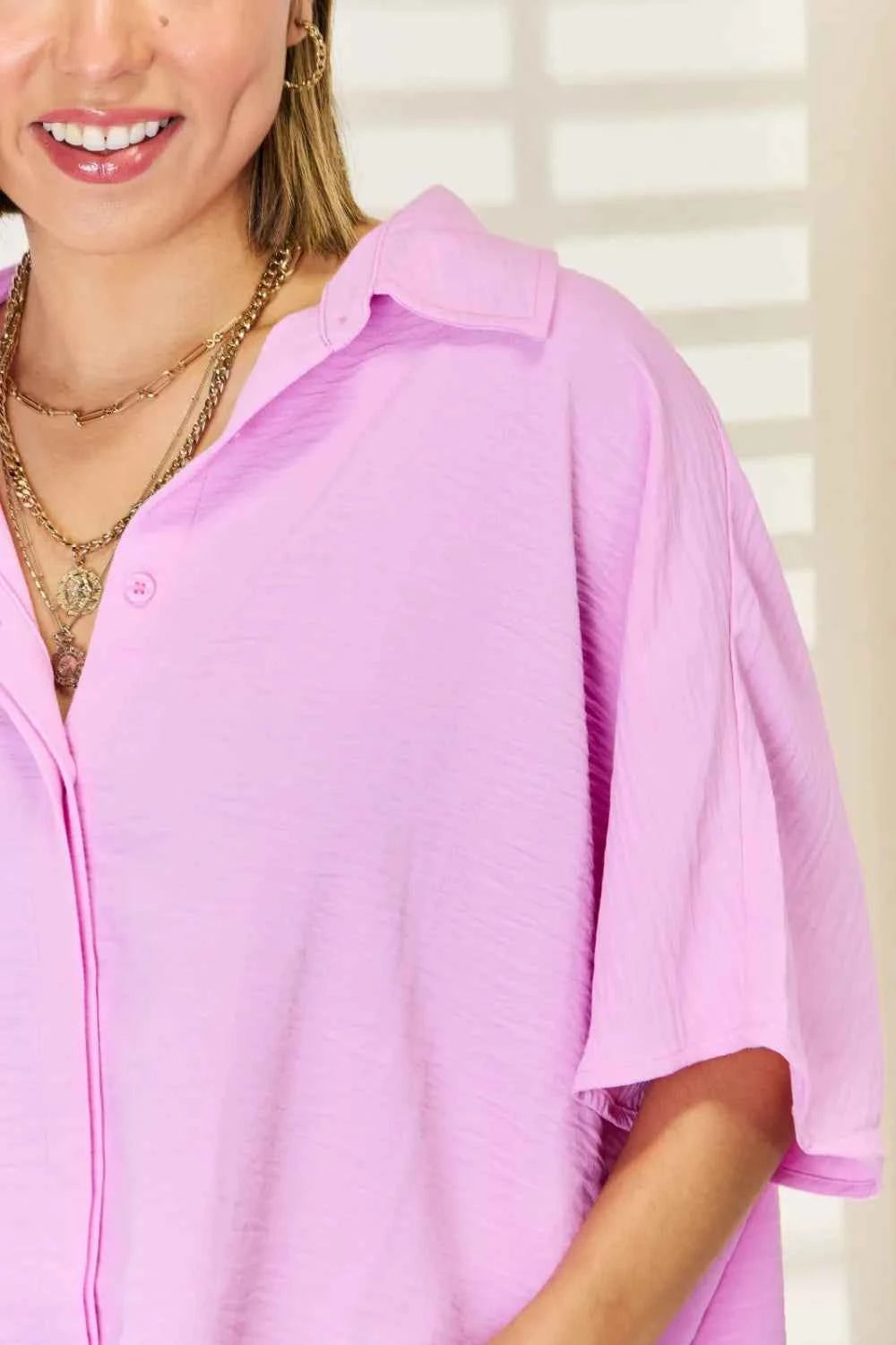 Zenana Texture Button Up Short Sleeve High-Low Shirt 6c3d6c28-da03-4297-9f94-1d0b456827ad-Max