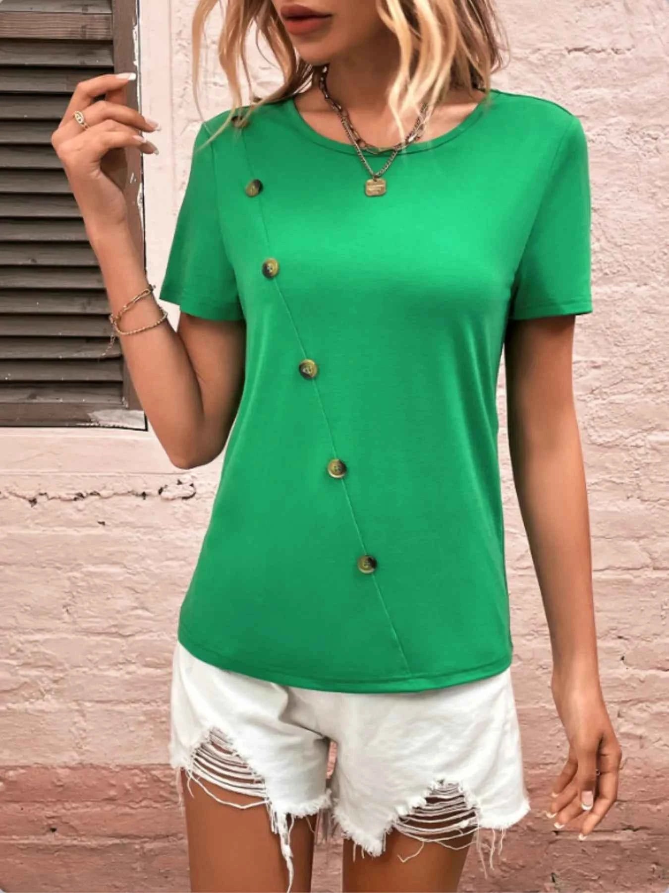 Decorative Button Short Sleeve T-Shirt 6c40bc65f4ae4089b8f222bbc0b08af5-Max-Origin