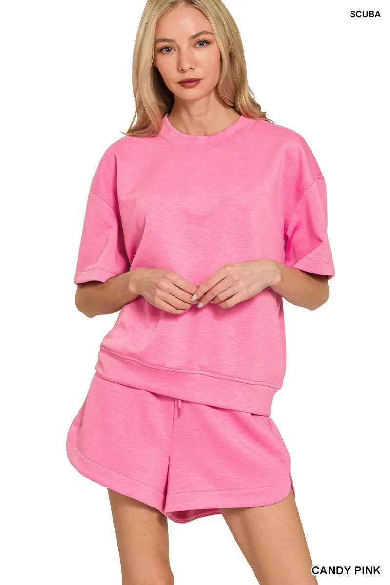 Zenana Scuba Short Sleeve Top & Shorts Set CANDY PINK 6c44647a035f487f8fb4a15d1e3235fa-Max-Origin