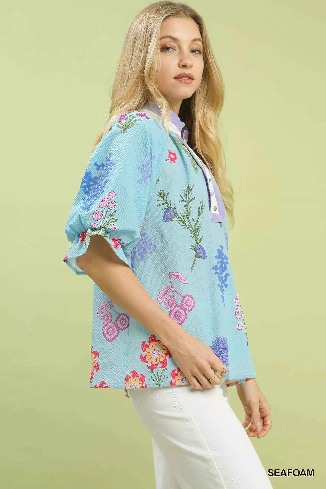Umgee Floral Puff Sleeve Blouse with Scallop Trim Collar 6c465847-004c-47ac-94af-8a72483e1e72-Max-Origin