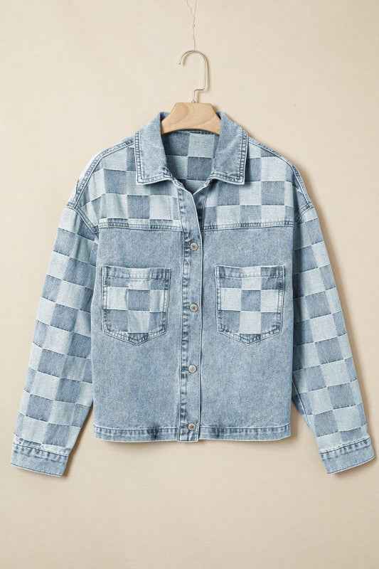 Checker Patchwork Denim Buttoned Jacket Beau Blue 6c482206-a809-432e-84e3-0f2eff8cb1fb