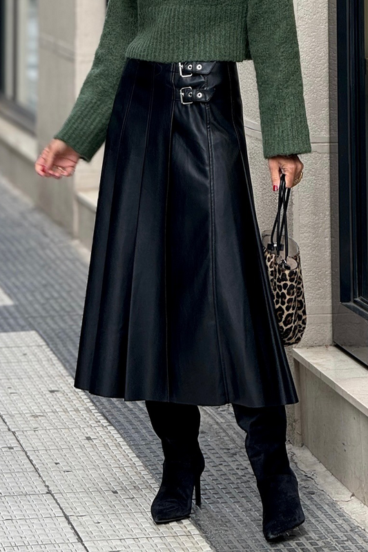 Black Faux Leather Retro Buckle Detail Pleated Stitch Flared Midi Skirt Black 100%PU 6c4b1b32d61b4b62