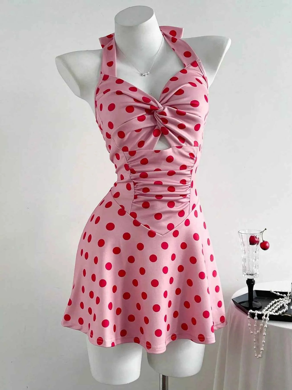 Polka Dot Halter Neck Twisted Front Mini Dress 6c4f4104-b5d5-44d9-a964-5af1224a0e4d-Max-Origin