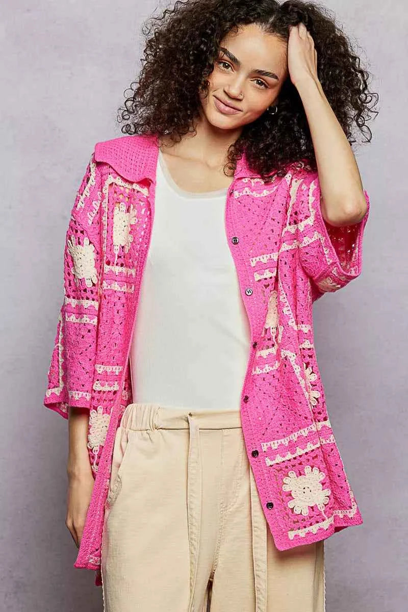 POL Button Down Openwork Floral Crochet Shirt with Granny Square Pattern 6c4f421a-52eb-4127-99e0-85287995f3bb-Max-Origin