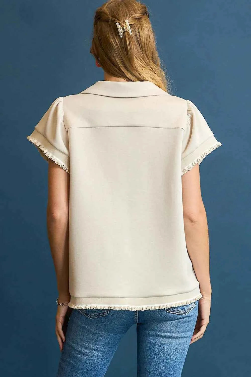 Umgee Frill Hem Half-Zip Collared Blouse 6c5028d7-65d0-49d5-ad7b-d41092fc03b4-Max-Origin