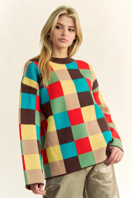 Color Block Checkered Dropped Shoulder Sweater 6c614156-d744-4ff7-afae-469928c508ef-Max