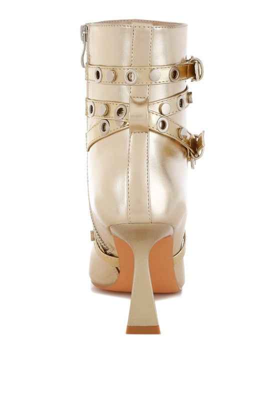 Marinta Metallic Slim Flared Heel Strappy Boots 6c644281-82f3-4d74-9bf9-315aba715b76
