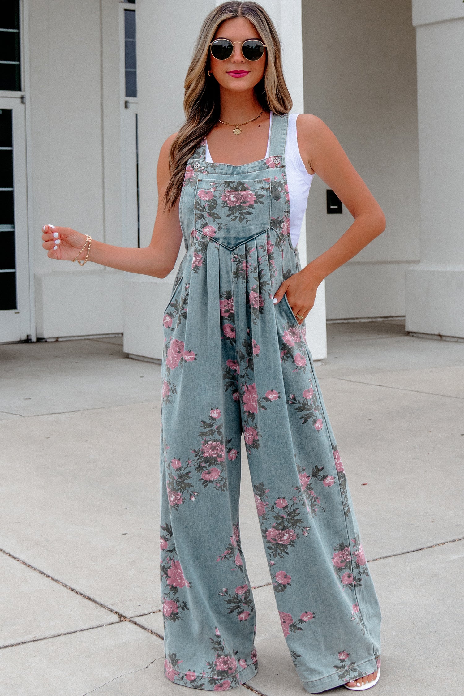 Beau Blue Floral Print Pleated High Waist Wide Leg Denim Jumpsuit 6c6ced077b4f6aff