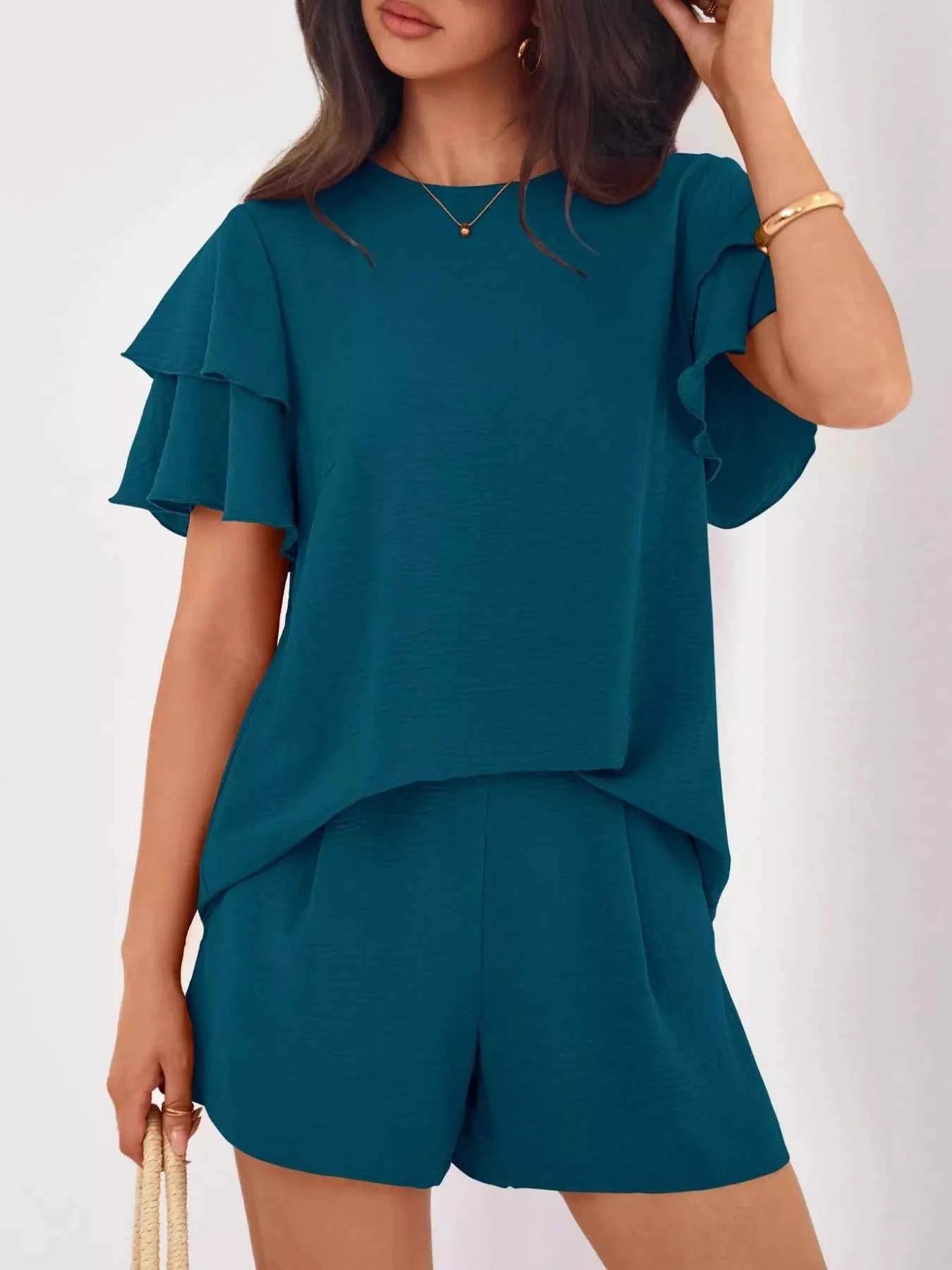 Ruffle Sleeve Top and Shorts Two-Piece Set French Blue 6c6e85fb-39a5-4e1e-ab07-1c96174d6467-Max-Origin