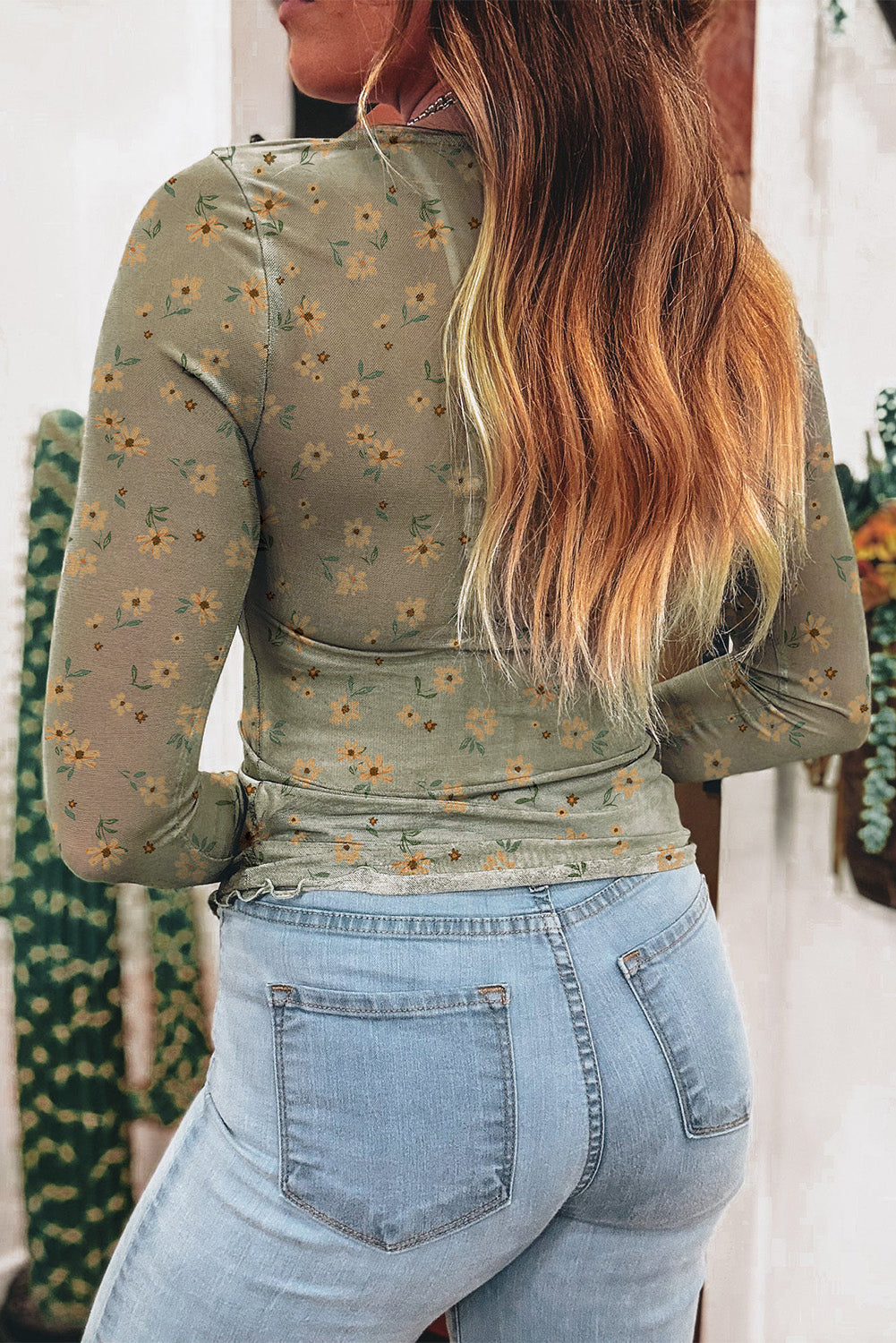 Laurel Green Vintage Floral Print Mesh Slim Fit Long Sleeve Top 6c76ef62a404a01e