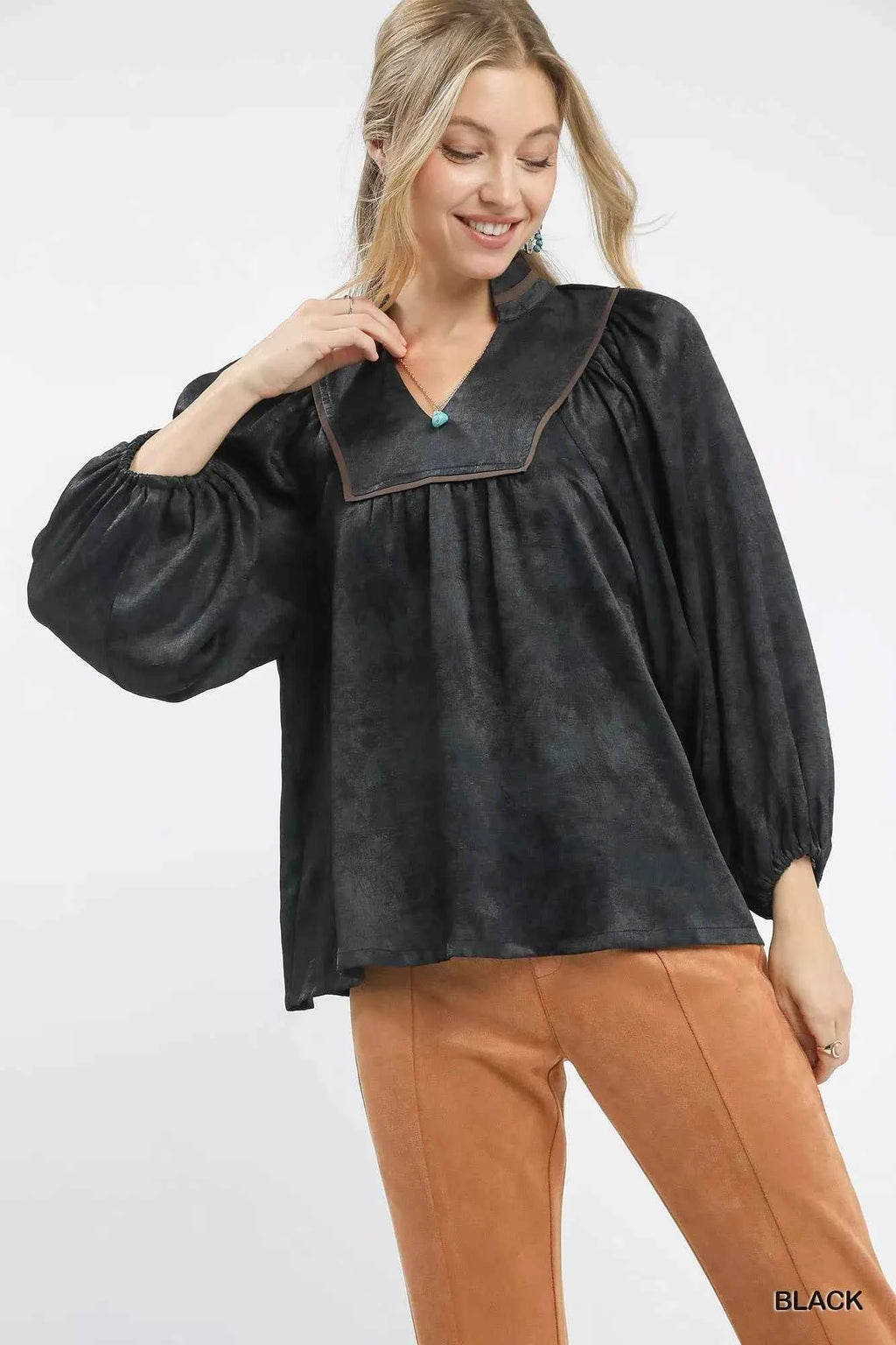 Umgee Crinkle Brocade Long Sleeve Blouse Black 6c7ee160-b15b-49f4-a8a5-93ed46d0527b-Max-Origin