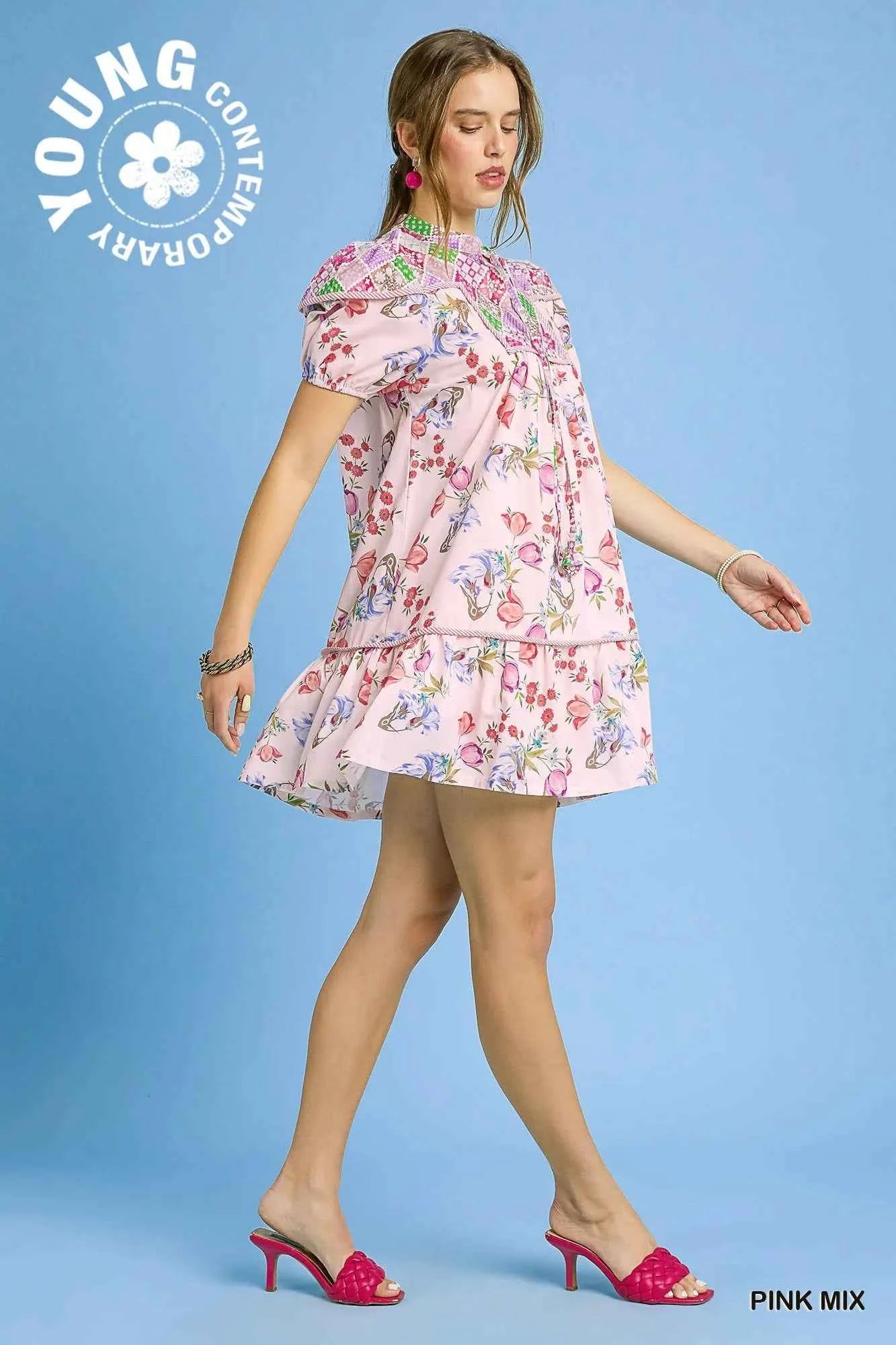 Umgee Floral Print Tie Neck Puff Sleeve Dress 6c83848d-aa07-4575-86b0-24a2f6097923-Max-Origin