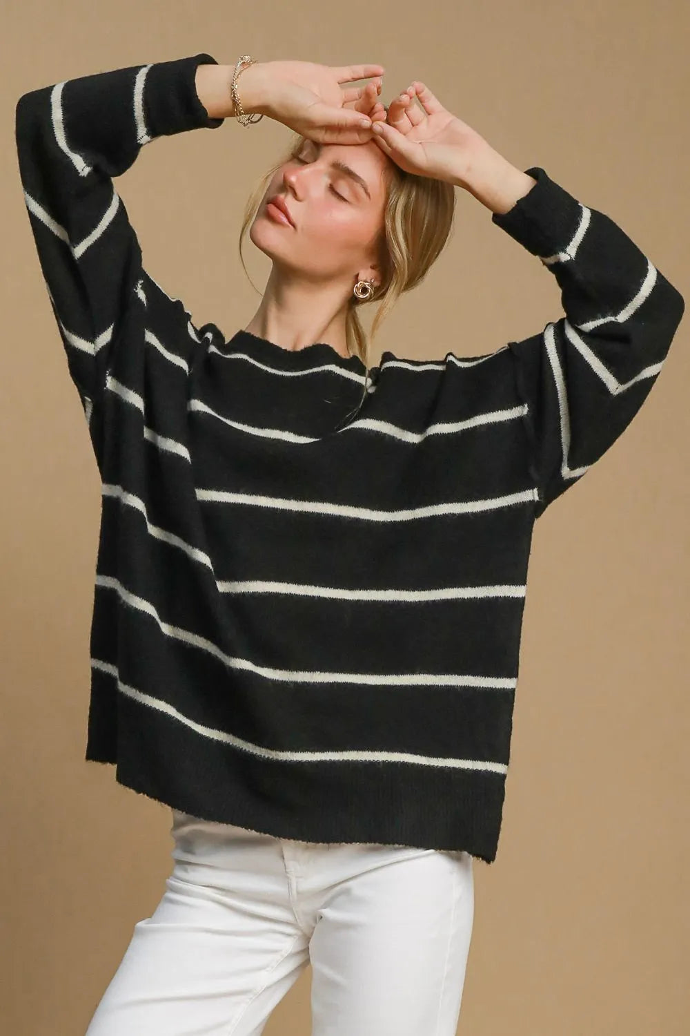 Umgee Wool Blend Striped Round Neck Sweater Black Cream 6c868b49-8003-430f-8809-37d726d87837-Max