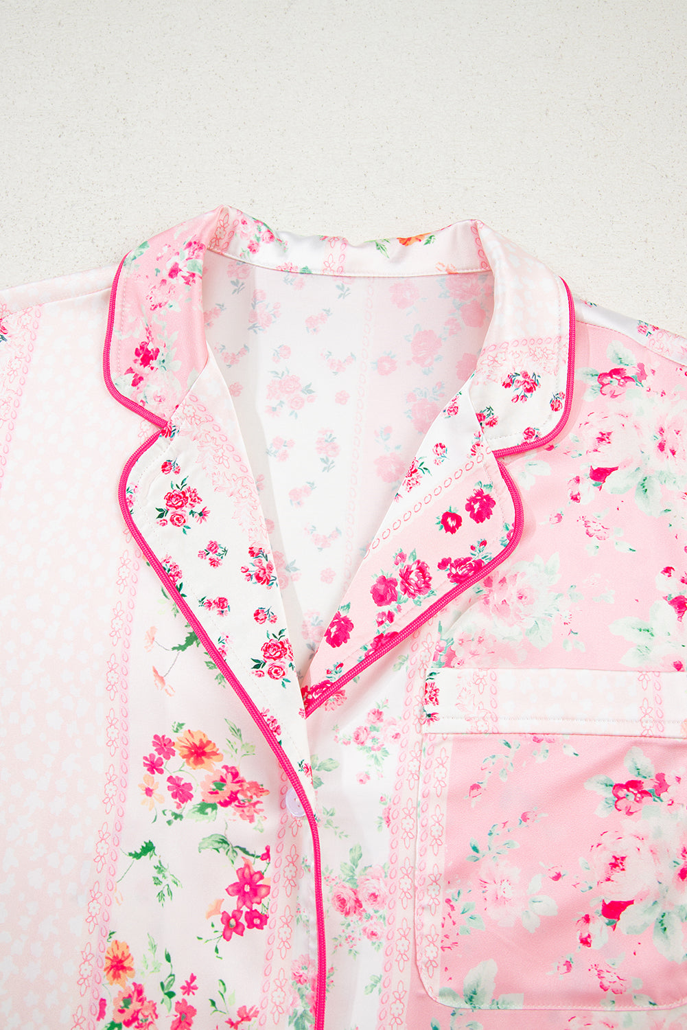 Pink Mixed Floral Print Contrast Piping Trim Satin Tie Pajama Set 6c89f03d7260ab71
