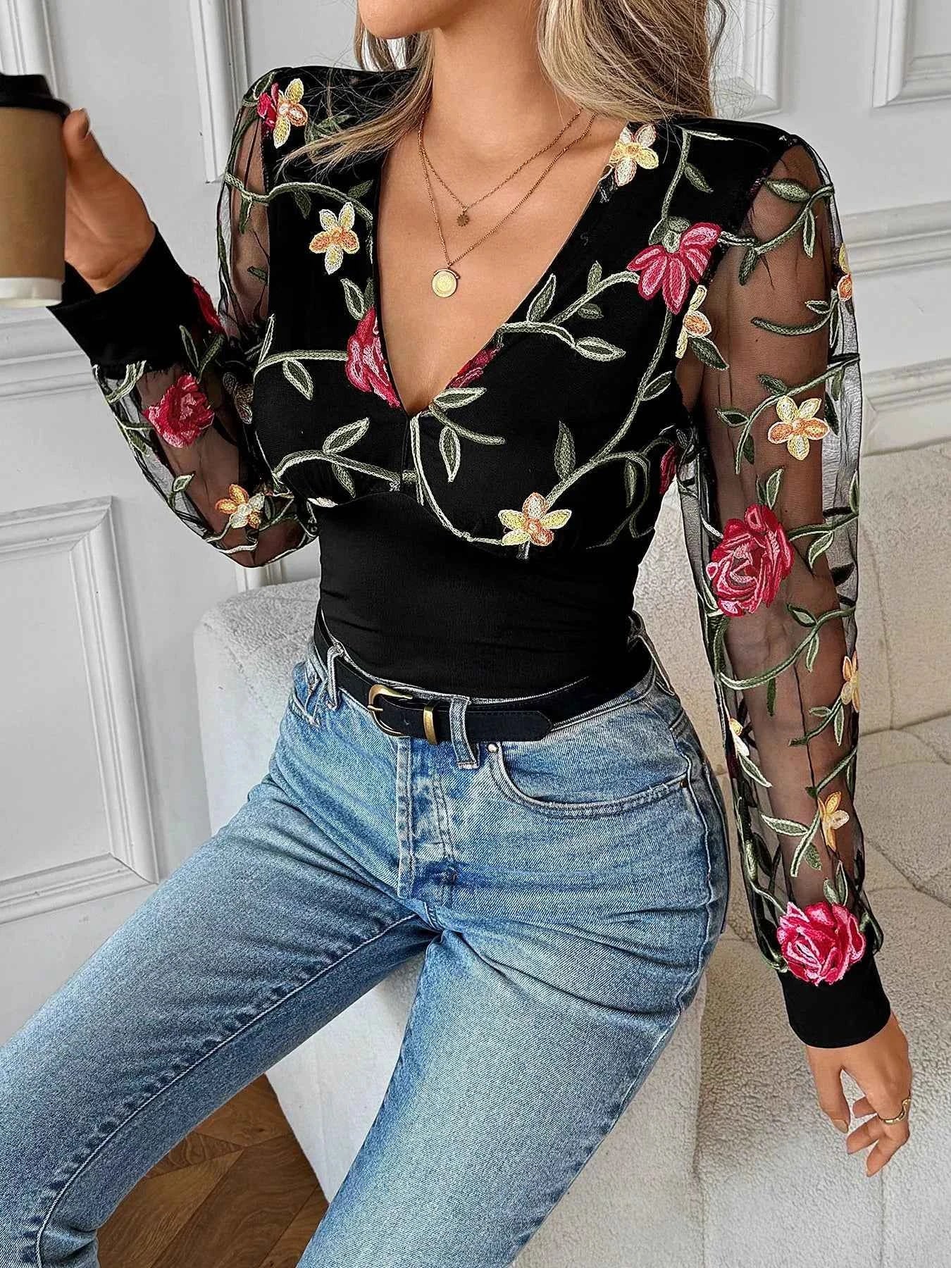 Floral Mesh Sleeve V-Neck Top 6c8b917756e24f3baaa9757a8c033fad-Max-Origin