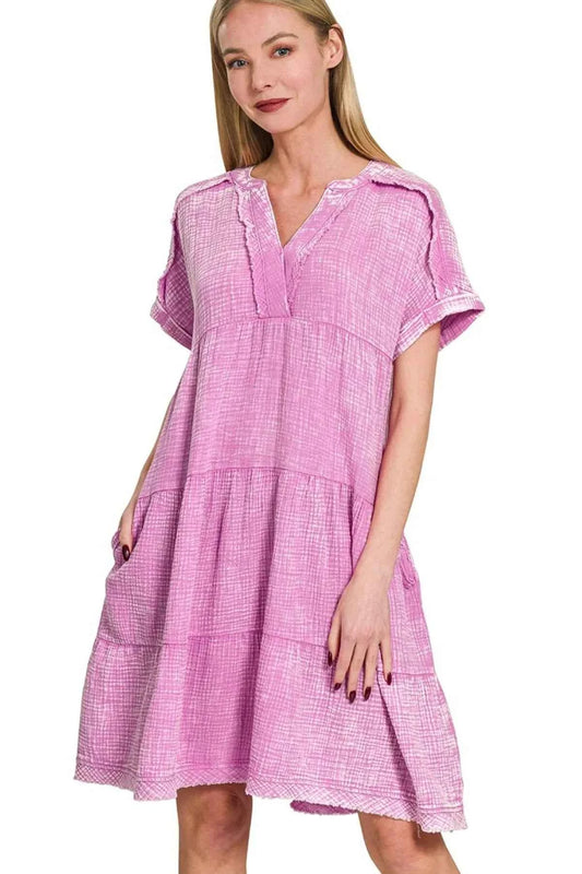 Washed Double Gauze Raw Edge V-neck Dress BRIGHT MAUVE 6c8d3516-242d-46b9-ae8c-34a2e712049c-Max-Origin