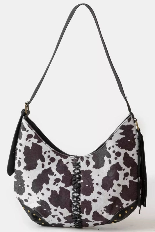 Fame Cow Print Hobo Shoulder Bag with Studded Details BW one size 6c8ddb251fe34b6dab2ebaadcc65a5a1-Max-Origin
