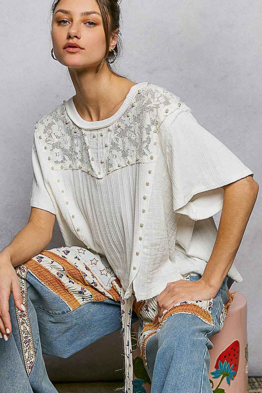 Lace Pearl Stud Round Neck Short Sleeve Shirt 6c9345b3-5cb9-4444-aa8e-e00ba3c99df7-Max