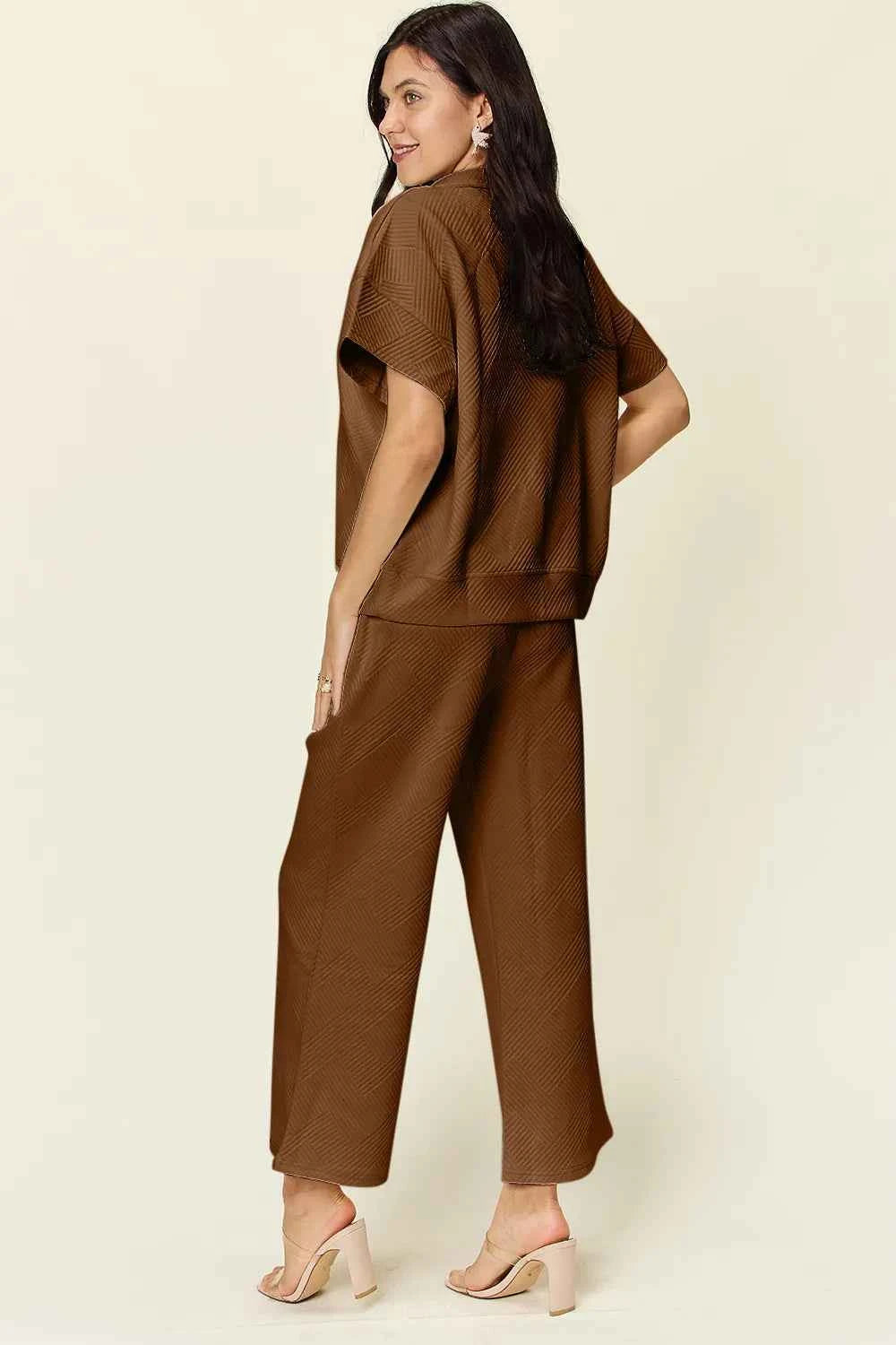 Double Take Full Size Texture Half Zip Short Sleeve Top and Pants Set 6c9b1772-c478-4be8-9b31-7aac9a12bb56-Max