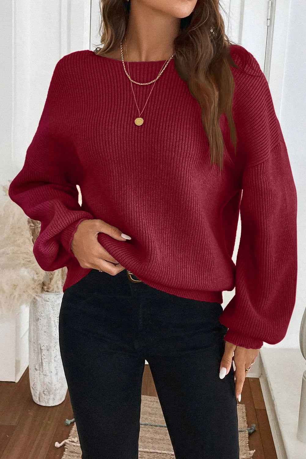 Red Dahlia Ribbed Knit Ribbon Knot Backless Drop Shoulder Sweater 6c9b1d5b2073641e