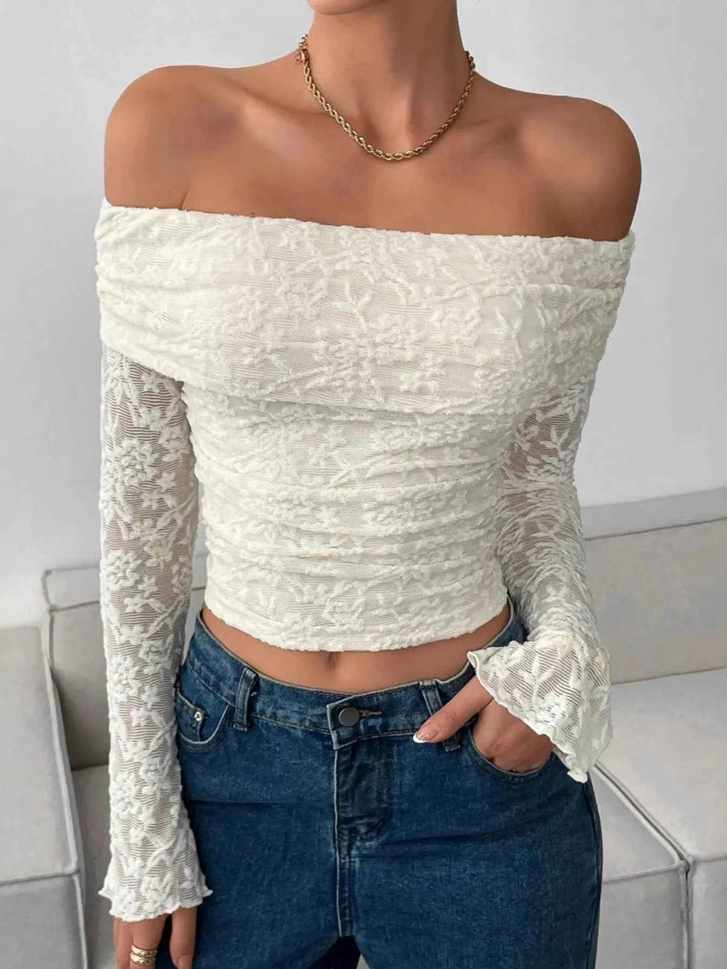 Off Shoulder Long Sleeve Lace Top Off-white 6c9d49c023a448ae8db85a77b0a69aae-Max-Origin