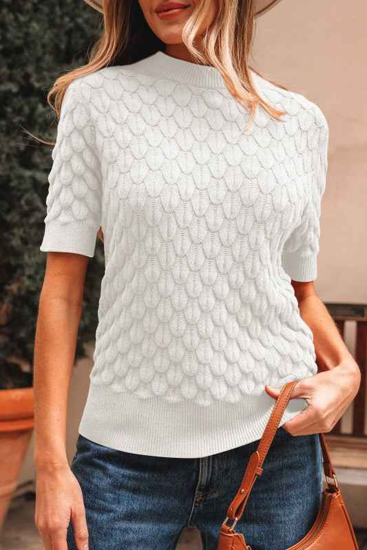 Fish Scale Textured Knit Short Sleeve Sweater 6ca3455c-94fe-4478-98eb-9f4c7ee19b9f