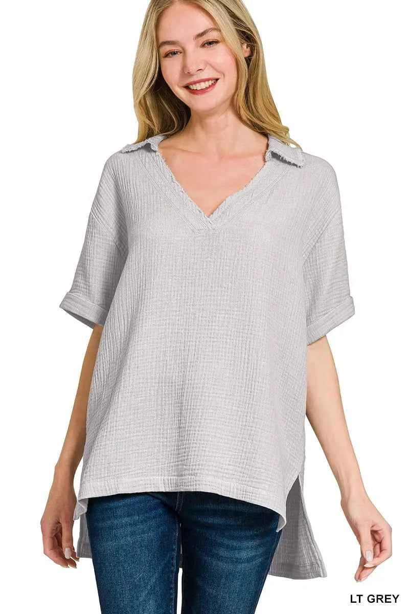 Zenana Double Gauze Short Sleeve High-Low Top LT GREY 6ca410d4f0404542a6254e975d7d9be6-Max-Origin
