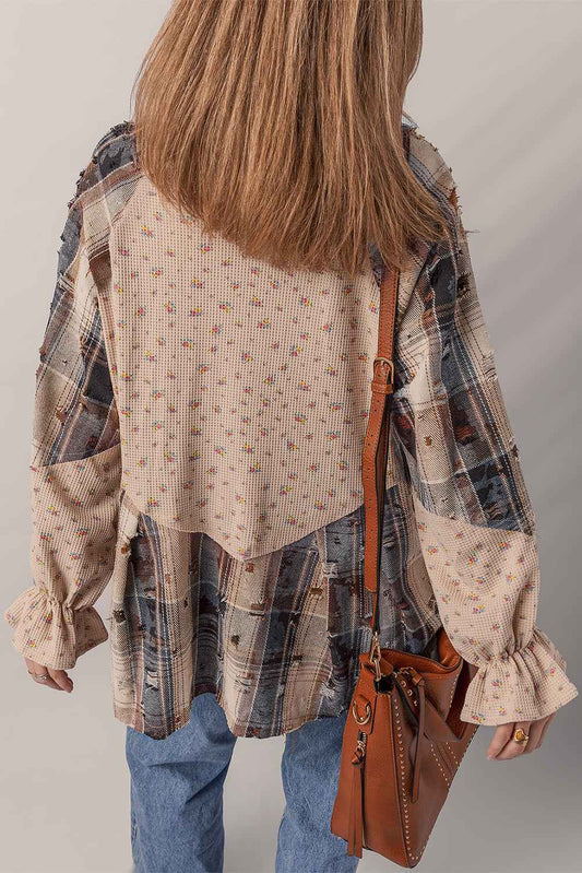 Ashleigh Blue Floral Plaid Patchwork Waffle Distressed Jacket 6ca4f08f8eee2f0b