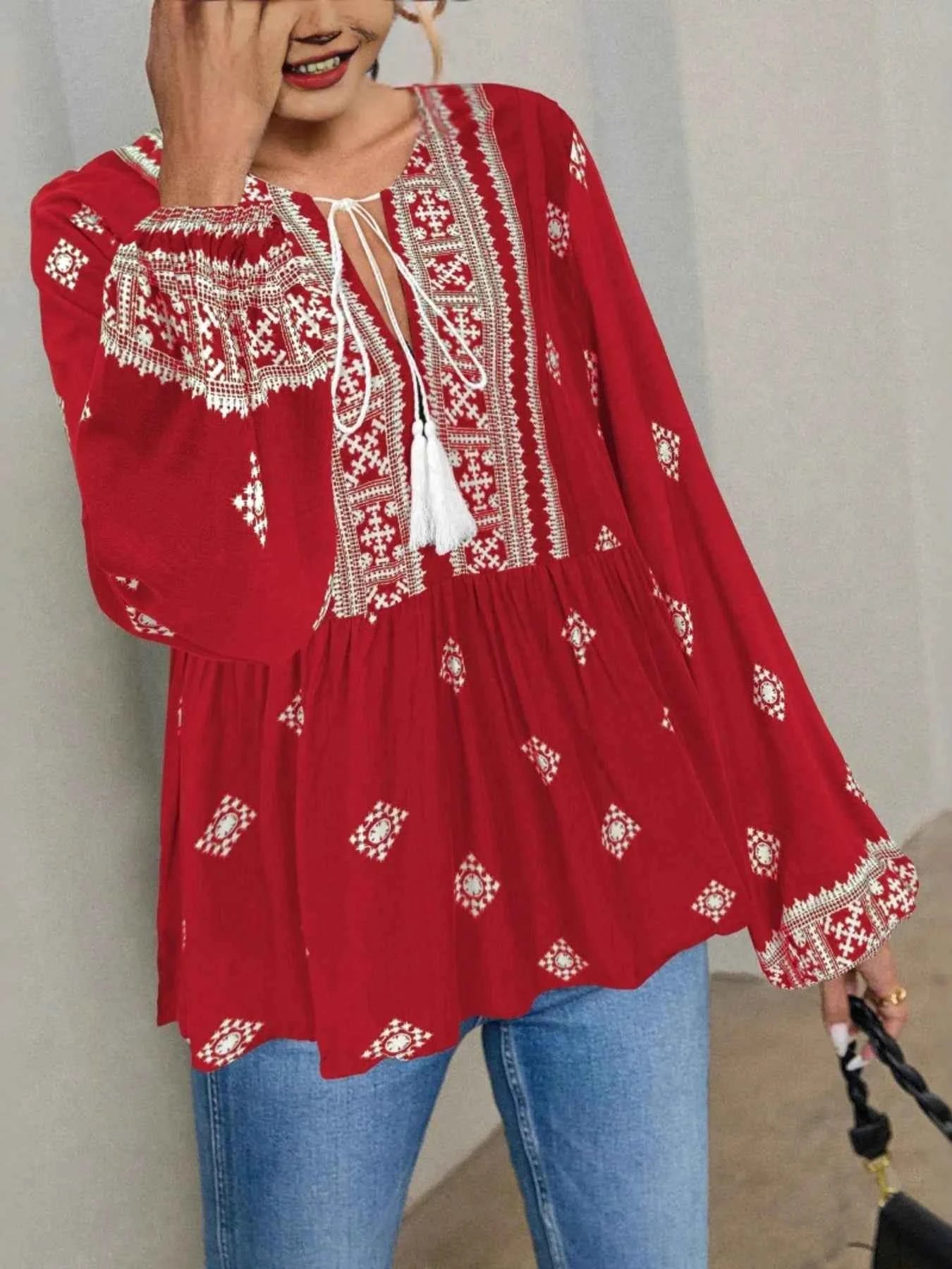 Tie Front Long Sleeve Blouse 6cb0a6858fd2498b95206fc0c3965a7d-Max-Origin