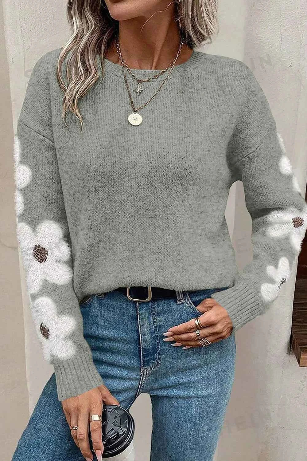Flower Round Neck Long Sleeve Sweater 6cb1864b-e31a-4ce4-af91-588735718783-Max