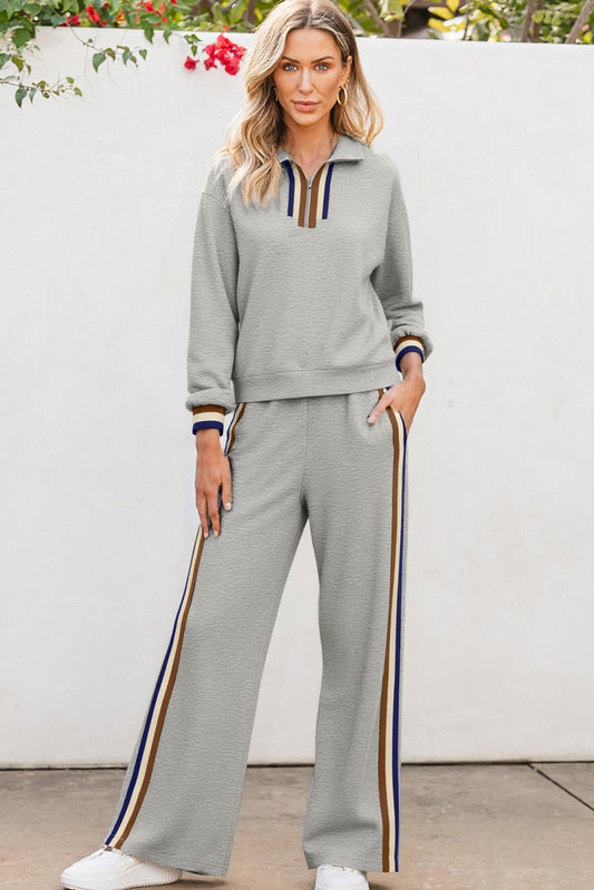 Gray Striped Patchwork Quarter Zip Pullover Loose Pant Set 6cb295f557a90289