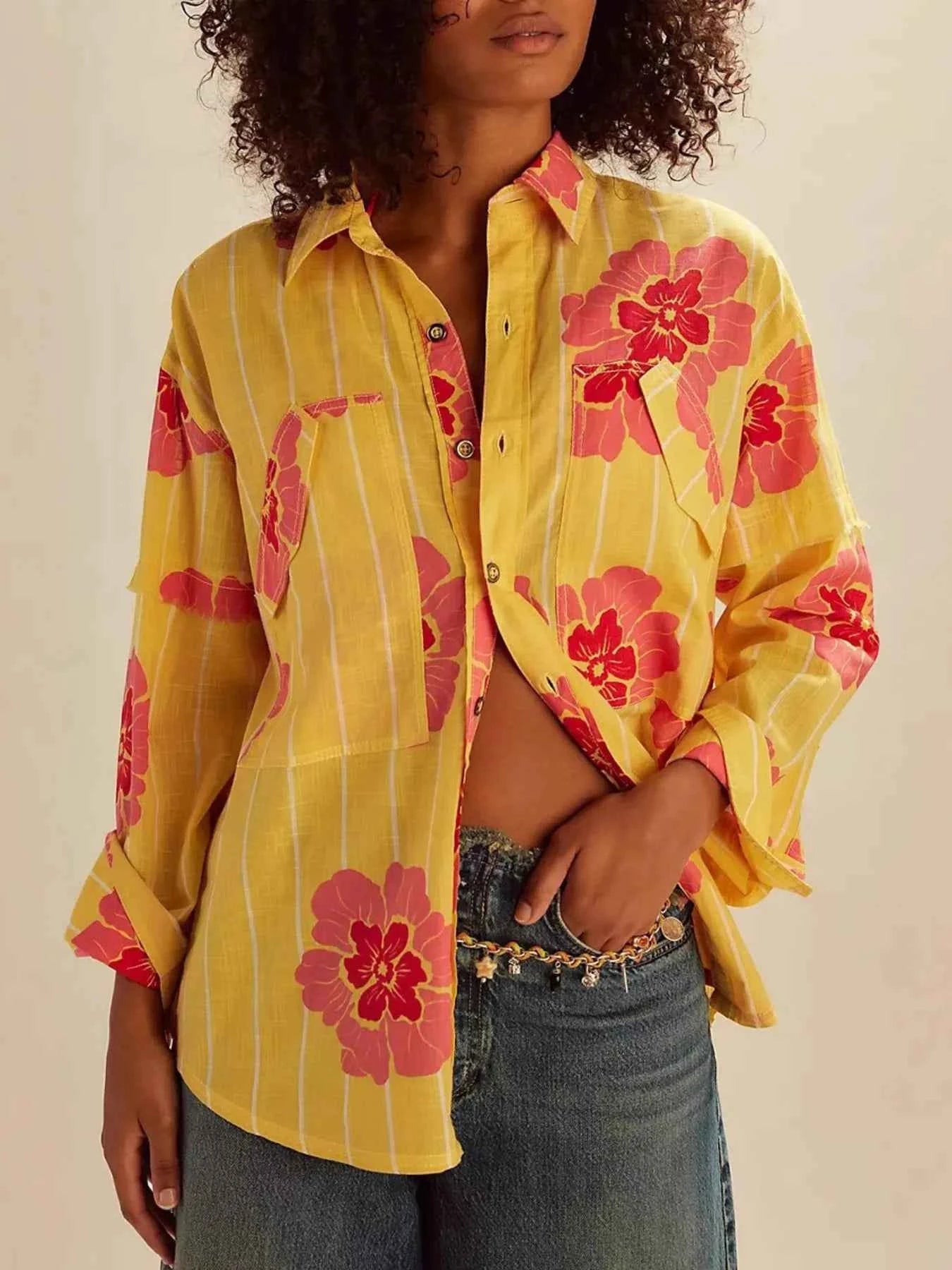 Printed Button-Up Long Sleeve Shirt Mustard 6cb9d217300d4c80b9cf9db737451b15-Max-Origin