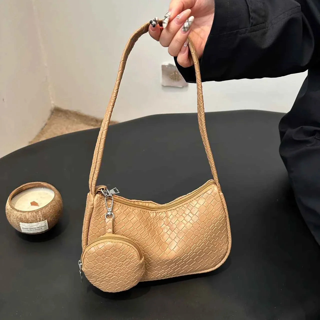 Textured Shoulder Bag with Pouch Khaki onesize 6cbadf5ee2cd4020ae7d7ea370545f25-Max-Origin